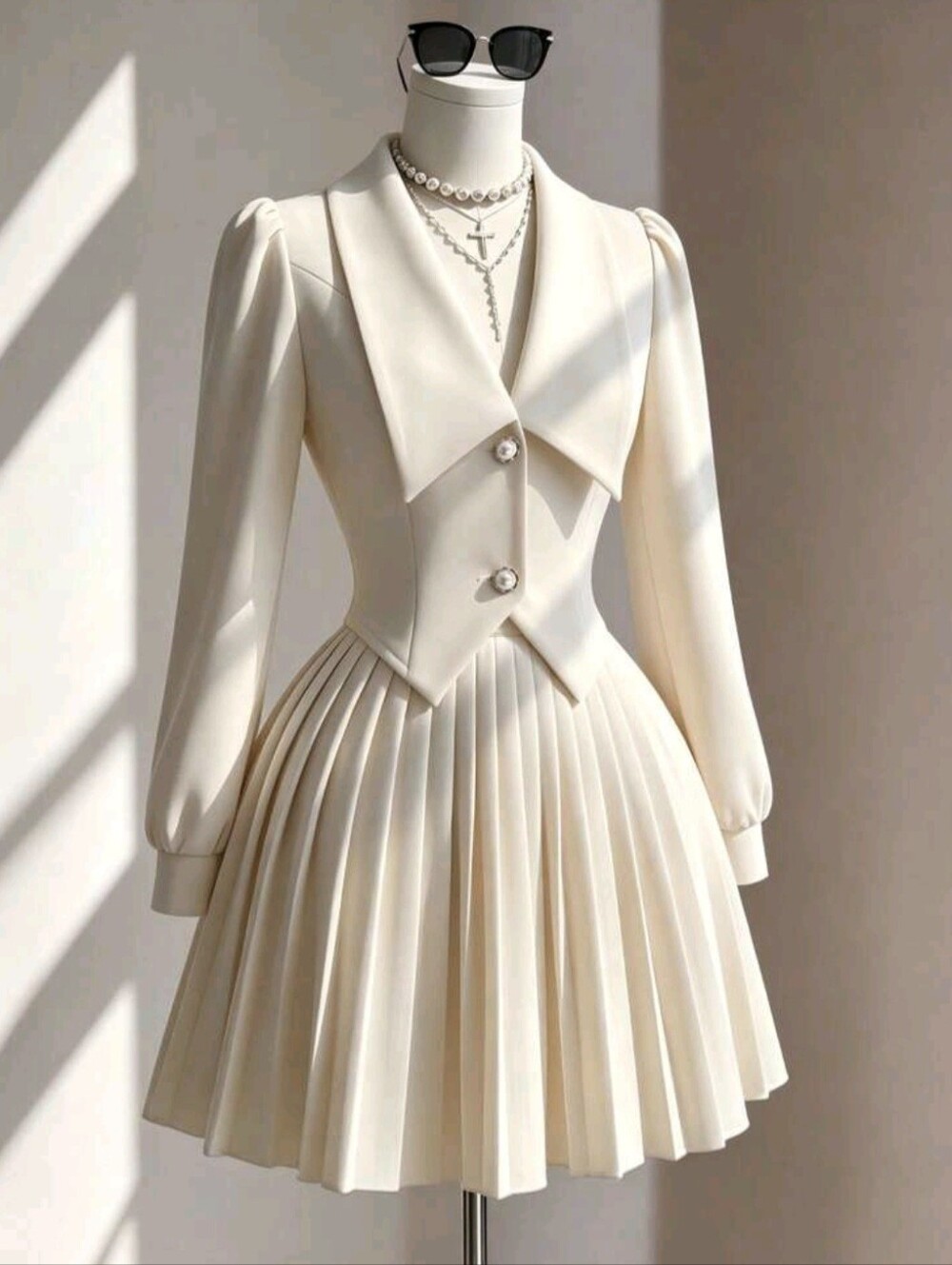 Gentle Casual Large Collar Long Sleeve Heart Button Cinched Waist Pleated Skirt